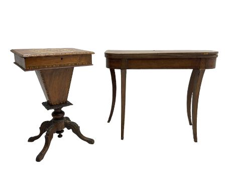 19th century inlaid walnut sewing table (49cm x 38cm, H75cm), and a 19th century mahogany card table on sabre supports (W90cm