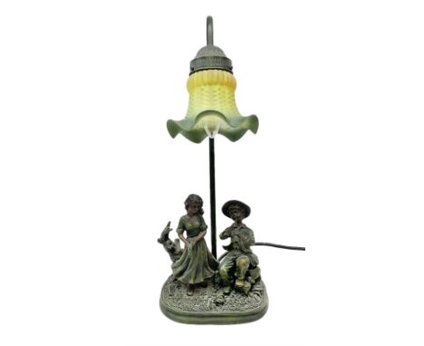 Art Deco style Widdop Bingham &amp; Co desk lamp, modelled as boy and girl playing instruments, on naturalistic base with yel