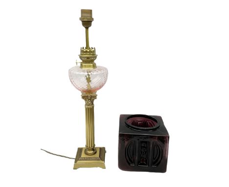 Corinthian column table lamp with pink glass reservoir, H57cm incl fitting together with a contemporary glass shade in dark r