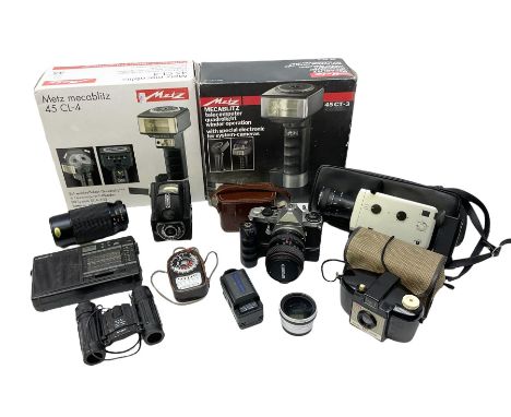 Cameras, lenses and camera equipment, to include Pantax ME super camera body, Kodak Instamatic 204 camera, Kodak Brownie 127 