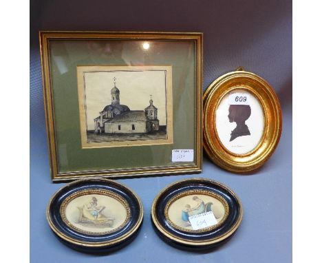 A silhouette portrait of a child, two 19th century prints and an early 20th century watercolour of a Russian church