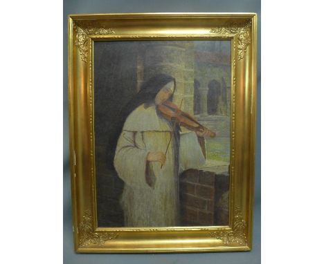 20th century Danish school, Nun Playing the Violin, oil on canvas, unsigned, 83 x 58cm