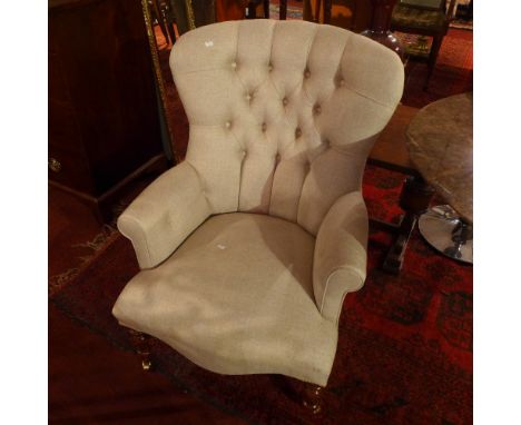 A pair of Contemporary button back bedroom chairs, upholstered in stone linen, on turned legs and castors, H. 89cm (2)