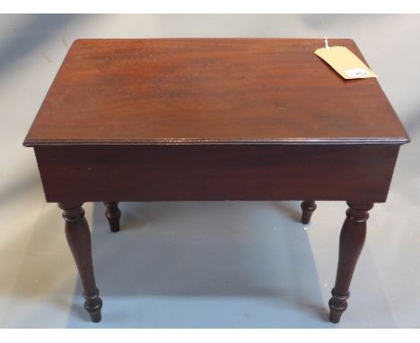 A Victorian mahogany commode, raised on turned legs, missing basin, H. 44cm (a/f)