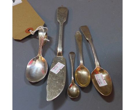 A Georgian silver spoon, together with a silver caddy spoon, hallmarked Birmingham, a Victorian floral engraved silver fish k