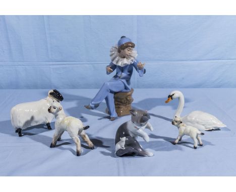 Two Beswick sheep, Nao figure of a clown (A/F) Lladro cat and two others