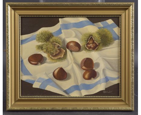 GEORGE J. BAILEY (20TH CENTURY). Still life of chestnuts, signed "Bailey" lower right, oil on board: 19cm x 24cm 