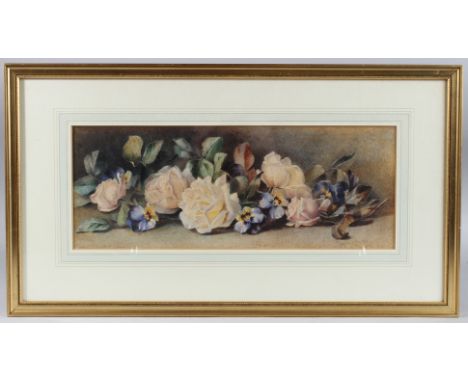 CONSTANCE LAWSON (1881-1905) Still life of roses and pansies on a ledge, watercolour, signed 15.5cm x 40.5cm