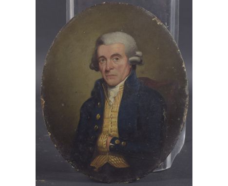 18TH CENTURY SCHOOL Portrait of a seated gentleman, wearing blue tunic, gold striped waistcoat and wig. oil on oval board, un