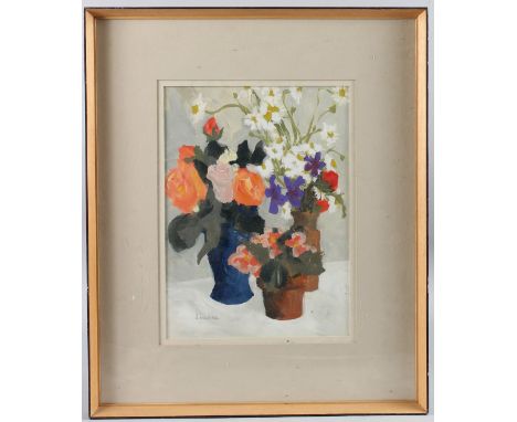 LAUREN LINDEE (20TH CENTURY) 'Daisies and Others' Still Life of flowers in pots, oil on board, label verso signed, 38.5cm 28.