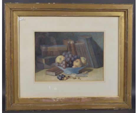 19TH CENTURY SCHOOL Still life with books and a bowl of fruit, watercolour, 24cm x 33.5cm