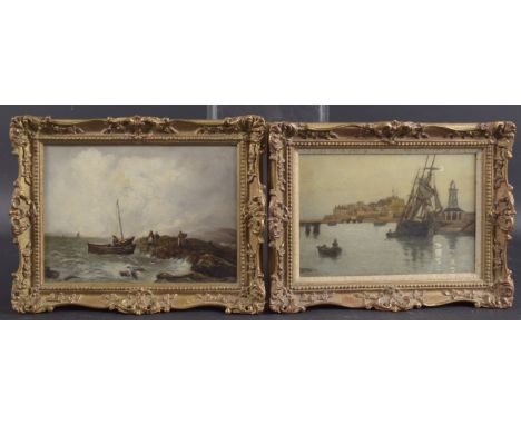 BRITISH SCHOOL (19TH CENTURY) Two maritime views, oil on boards, one of a harbour, indistinctly signed, 16.5cm x 24.5cm the o