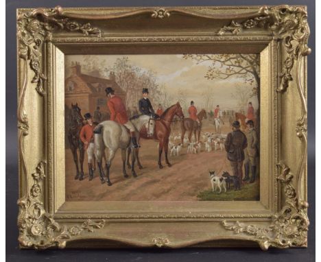 EDWARD BENJAMIN HERBERTE (1857-1893) Hunting scene, riders and dogs gathering at the start, oil on panel, signed and dated 18
