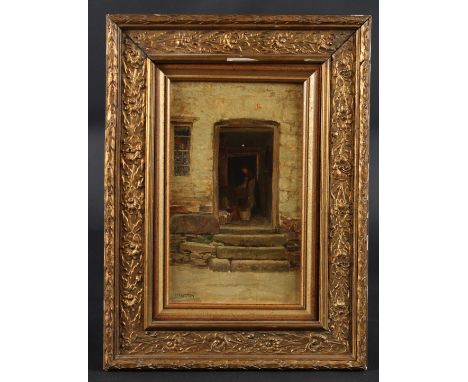 HENRY MARTIN (NEWLYN SCHOOL 1835-1908) view through a cottage doorway with a woman washing. oil on board, signed, 22cm x 13cm