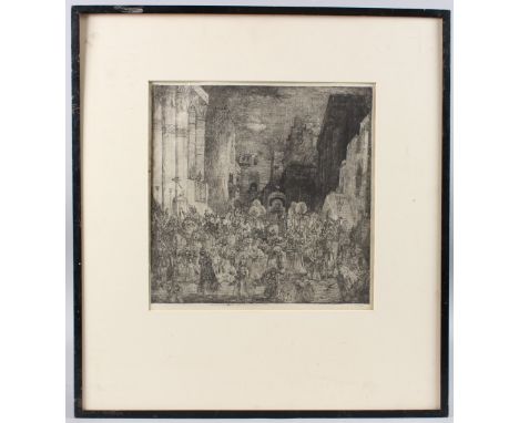 FRENCH SCHOOL A Royal procession entering into Jerusalem, possibly the Queen of Sheba etching, annotated and indistinctly sig