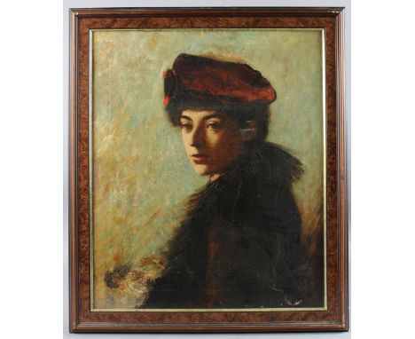 FRENCH SCHOOL (LATE 19TH EARLY 20TH CENTURY) Head and shoulder portrait of a woman wearing a red hat, oil on canvas, 60cm x 5