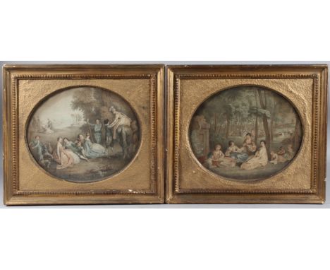 19TH CENTURY SCHOOL Hunting party and figures picnicking in a woodland park, pair of stipple engravings, oval mounts, 25cm x 
