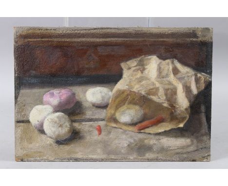 GEORGE WEISSBORT (1928 - 2013) Still life of vegetables and paper bag, oil on board, unframed, 23.5cm x 34.5cm