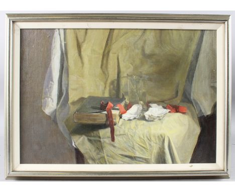 GEORGE WEISSBORT (1928 - 2013) Still life of a book and glass, oil on board, 35.5cm x 52.5cm