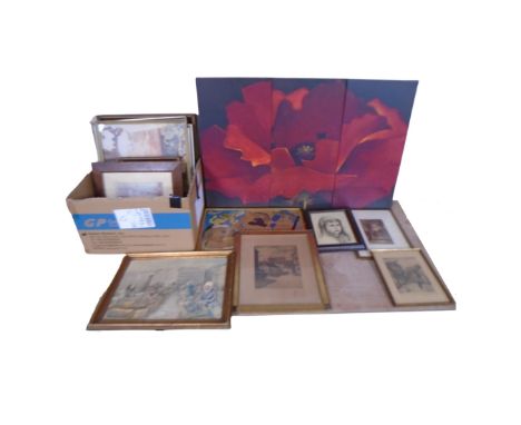 A tryptic wall canvas together with a box of pictures and prints, oil on canvas etc 