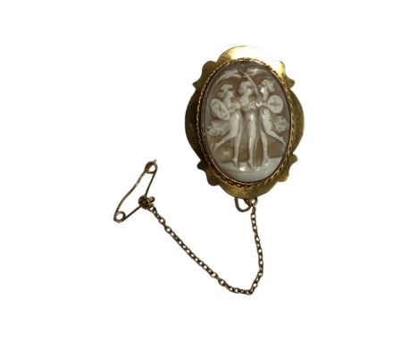 A 9ct yellow gold framed cameo brooch  with safety chain, 25 mm x 32 mm.