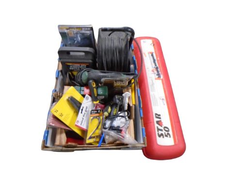 A box of extension lead, hydraulic bottle jack, Bosch electric drill, door numbers, Star 50 tile cutter in case etc 