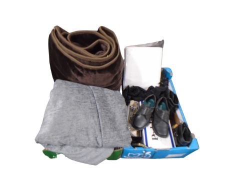 Two boxes of plus blanket, two pairs of curtains, lady's shoes including Padders, hand bag etc 