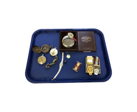 A tray containing reproduction German compass and pocket watches, sporran cup, medals, wristwatches etc 