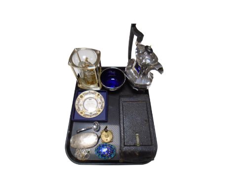 A tray of vintage brass fishing reel, silver dressing table lid, small quantity of costume jewellery, plated teapot etc 