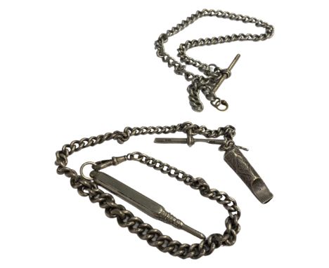 A silver Albert chain with T-bar, propelling pencil and whistle, together with another silver-plated Albert chain with a hall