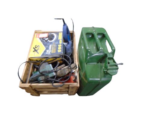 A pine crate of power tools, Jefferson 20 litre jerry can