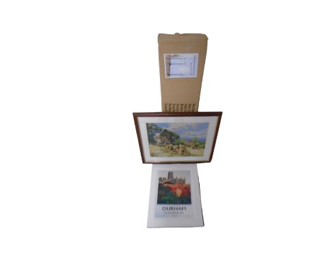 An LNER Durham print, together with a framed tapestry and boxed clothes rail