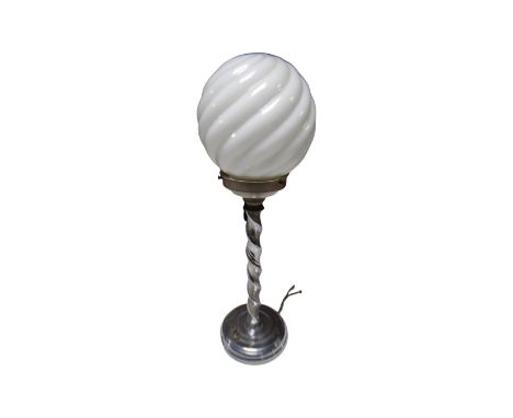 A chrome barley twist Art Deco table lamp with opaque ball shade.