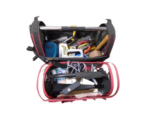 A Stanley tool bag together with one other containing a quantity of hand tools, Stanley Fat max stapler, padlock with key etc
