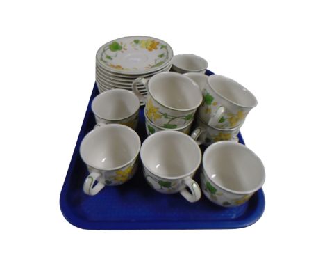 A set of 10 Villeroy and Boch Geranium pattern coffee cups with saucers.