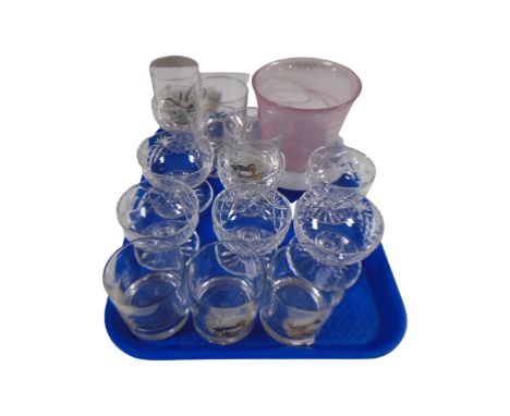 A tray containing assorted glassware including a milk glass bowl, glass vase, lead crystal grapefruit dishes, whisky tumblers