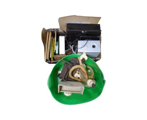 A box and plastic tub containing cash box, wooden light fittings, children's books, binoculars etc 