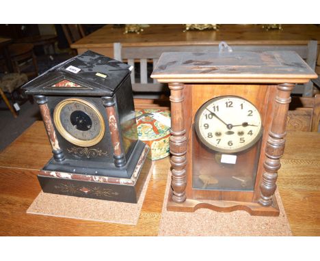 A Victorian mantel clock in black slate and marble case, the circular arabic dial (pointers missing); together with a small V