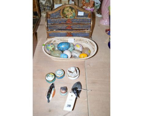 Three enamel pillboxes; darning eggs; three bird figurines, to include: a Royal Copenhagen model of a robin; together with a 