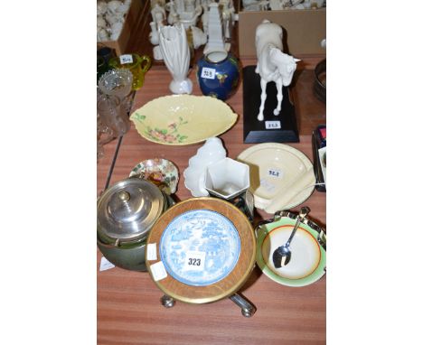 An early 20th Century biscuit barrel decorated Dutch figures on a harbour, with plated mounts; an Arcadian ware 'Blue Lagoon'
