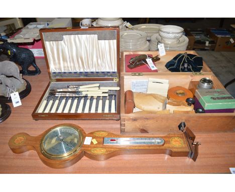 An 1890 YMCA velvet cap; a Royal Mail stamp album; a stereoscope; a pair of shoe trees; a barometer; etc. 