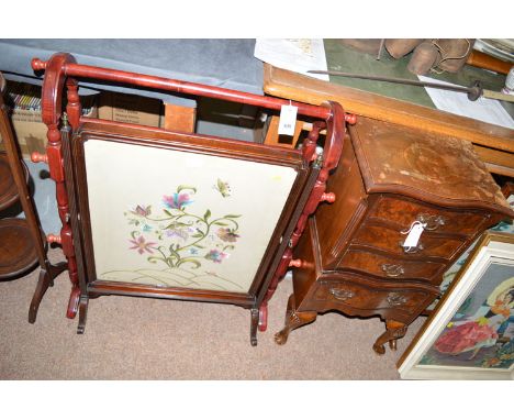 A stained wood towel airer; a reproduction miniature chest of drawers with badly marked top; and a needlework firescreen in m