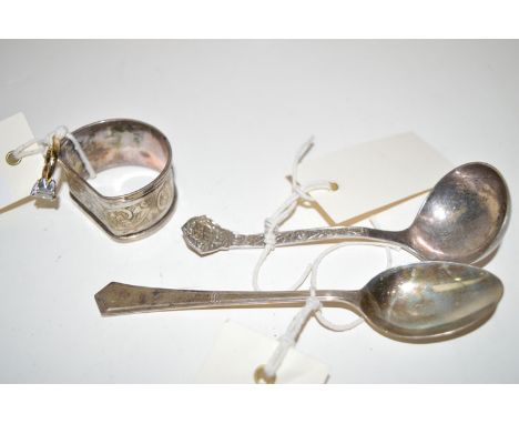 A small silver ladle with Lindisfarne pattern stem; a silver spoon in fitted case; a silver napkin ring; and a white stone ri