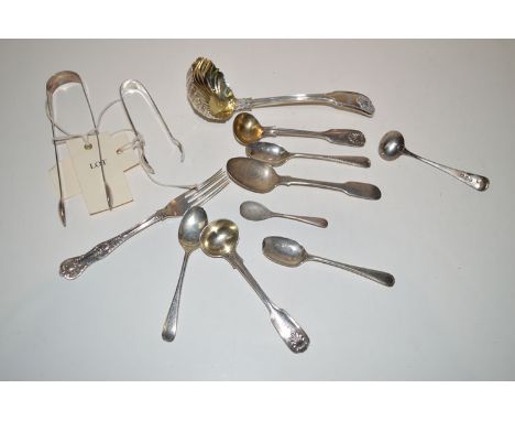 A silver ladle by W. T. 1851, with shell finial bowl and back; together with teaspoons; salt spoons; sugar tongs; and a fork.