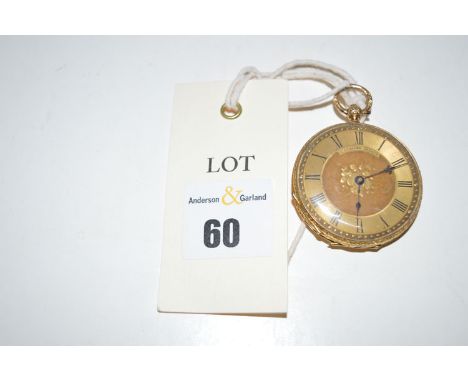 A yellow metal cased open face fob watch, by G. Lannier, Geneva, the roman dial surrounding foliate decoration, engine turned