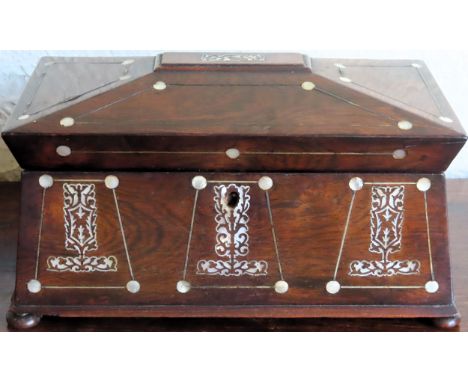 19th century mother of pearl inlaid rosewood sarcophagus form sectional tea caddy. Approx. 19 x 35 x 19cms
reasonable used co
