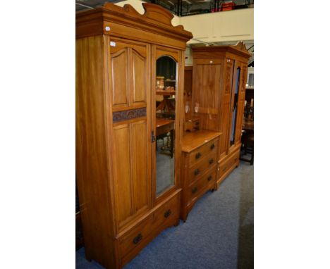 A pine mirror fronted wardrobe and matching dressing table together with a further wardrobe (3)