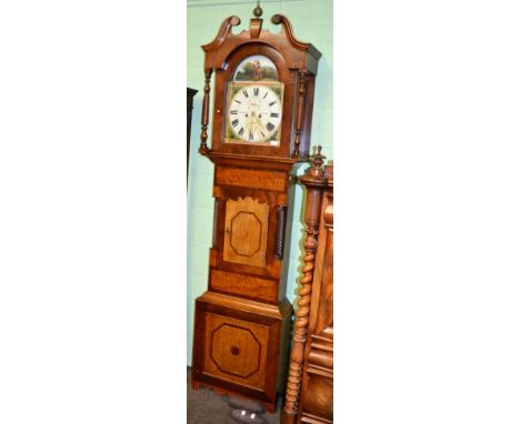 An oak and mahogany eight day longcase clock, painted arched dial, signed Dickenson, Skipton 