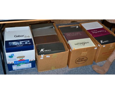 Quantity of ladies shoes including, K-Shoes in leather and suede, slippers, Morlands Sloopers, Brevit, Joyfit, Hobos, Shoefay