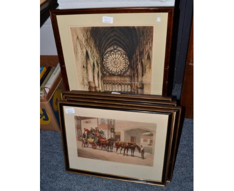 A set of coaching prints: a print of bank of England, a pair of prints of cathedral interiors and a pair of coaching prints (